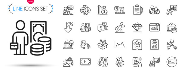 Pack of Money currency, Inflation and Low percent line icons. Include Online auction, Budget, Clipboard pictogram icons. Report document, Cut tax, Diagram signs. Launder money. Vector