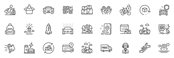 Fototapeta na wymiar Icons pack as Bicycle lockers, Parking place and Lighthouse line icons for app include Car, Car secure, Get box outline thin icon web set. Home moving, Food delivery, Return package pictogram. Vector