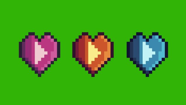 Green scren of pixel heart with play button, Pixel heart slowly appeared bits. Simple animation from pixel dots form sets of element heart play. Usefull for game asset or design asset animate.