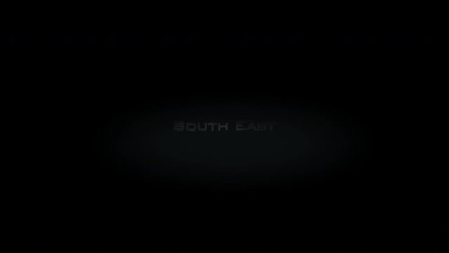 South East 3D title word made with metal animation text on transparent black