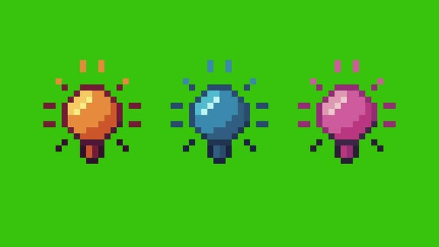 Green scren of pixel bulb idea, Gold ideas slowly appeared bits. Simple animation from pixel dots form sets of idea bulb . Usefull for game asset or design asset animate.