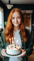 Young beautiful woman with red hair joyfully smiling and celebrating at a vibrant party gathering