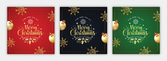 Fototapeta na wymiar Vector elegant merry Christmas social media posts set templates design with luxury gold snowflake and bauble abstract background. Holiday, happy new year and winter festival design