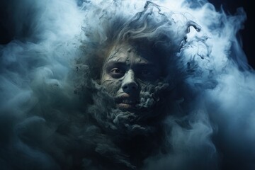man face between smoke - monster face out of smoke - fantasy background, halloween, horror background