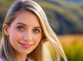 Beauty young blonde bright eyes model on the field, smiling face closeup