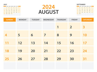 Calendar 2024 template- August 2024 year, monthly planner, Desk Calendar 2024 template, Wall calendar design, Week Start On Sunday, Stationery, printing, office organizer vector, orange background