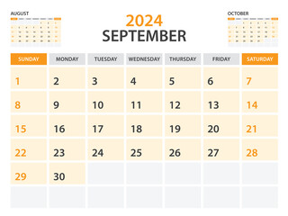 Calendar 2024 template- September 2024 year, monthly planner, Desk Calendar 2024 template, Wall calendar design, Week Start On Sunday, Stationery, printing, office organizer vector, orange background