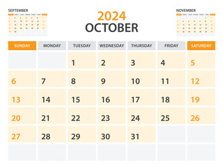 Calendar 2024 template- October 2024 year, monthly planner, Desk Calendar 2024 template, Wall calendar design, Week Start On Sunday, Stationery, printing, office organizer vector, orange background