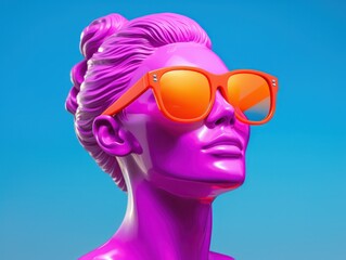 pop art statue head of a woman with sunglasses on bright blue background