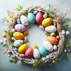 Fototapeta na wymiar Colorful Easter Eggs with white frame copy space. ai generative