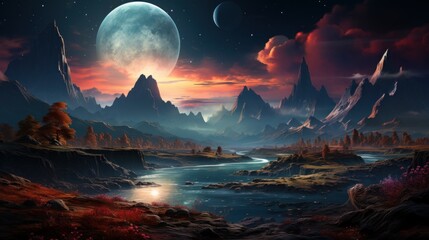 Astral landscape featuring a surreal mountain ranges. AI generate illustration