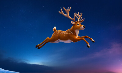 Obraz na płótnie Canvas A deer with large antlers smiles and flies across the dawn sky, Generative Ai 