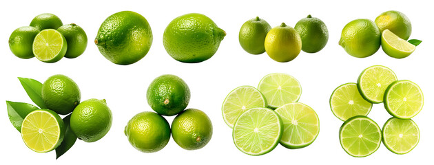 Green lime limes, many angles and view side top front sliced halved bunch cut isolated on transparent background cutout, PNG file. Mockup template for artwork graphic design