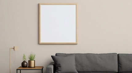 Mock up poster frame in modern beige home interior, Scandinavian style. generative ai
