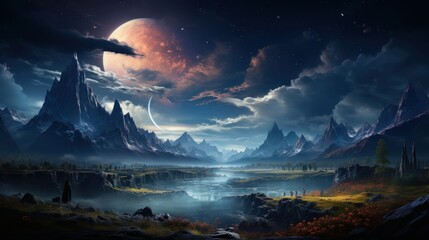 Celestial vista of a forsaken planet with vast mountain ranges under cosmic skies. AI generate