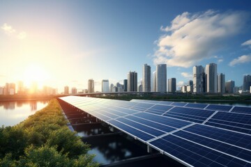 solar panels with a city skyline in background - new energy concept