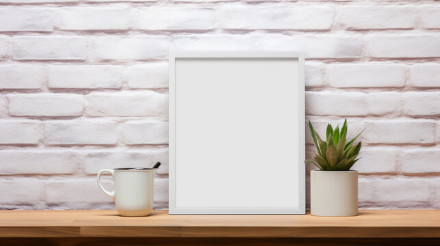 Mock Up Poster on table. White Brick Background white mock up frame hipster background generative ai