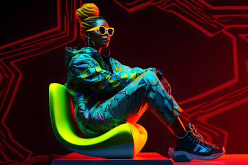 African woman in neon costume and neon shoes, in the style of futuristic pop, luminous color palette