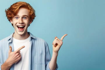 Excited young ginger teenager boy smiling and pointing finger up at copy space expressing wow emotion. ai generative - obrazy, fototapety, plakaty
