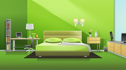 Modern bedroom interior Bedroom, Green Color, Indoors, Home Interior lamp in bedroom. generative ai