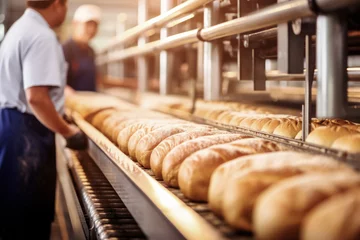 Foto op Plexiglas Conveyor with fresh bread at the factory. Bread production enterprise. Bakery. Close-up. Industrial line for baking bread. © Anoo