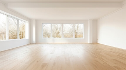 Modern bright interiors, empty room with wooden floor. large luxury modern Living room generative ai