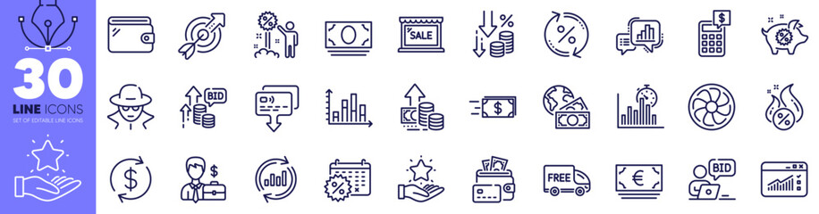 Fototapeta na wymiar Sale, Global business and Money line icons pack. Inflation, Loan percent, Diagram graph web icon. Report timer, Card, Businessman case pictogram. Loyalty program, Hot loan, Bid offer. Vector