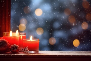 Festive Red Candles Casting a Warm Glow on a Snowy Christmas Eve
