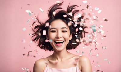 パーティーに出席した若い笑顔の女性｜ピンクの背景に紙吹雪が舞う様子
