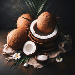 Fresh ripe brown coconuts, exotic healthy bio fruit food solid dark background. ai generative