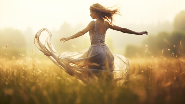 Beautiful smiling carefree woman with opened arms dancing in a meadow enjoying the freedom	
