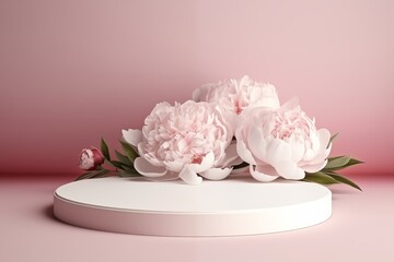 round white podium with pink peonies for product presentation, branding, packaging