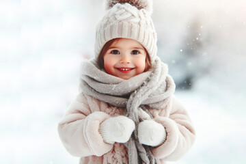 Cute little baby girl smiling wearing woolen cap and scarf and winter clothes with snow day in winter. ai generative