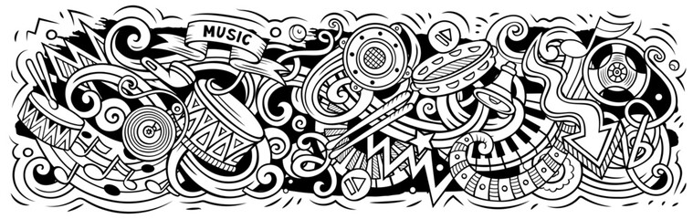 Music cartoon doodles illustration. Line art musical vector banner
