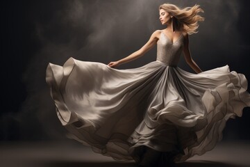 Graceful Lady in a Metallic Silver Gown Creating Waves Amidst a Glittery Gray Setting for Christmas Photoshoot