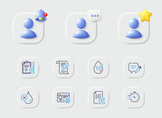 Nasal test, Dermatologically tested and Timer line icons. Placeholder with 3d star, reminder bell, chat. Pack of Qr code, Web settings, No waterproof icon. Chat bubble, Feather pictogram. Vector