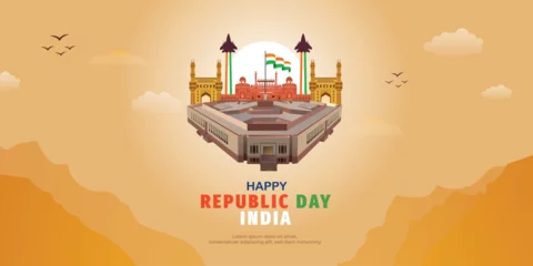 Foto op Aluminium Happy republic day India wishing, greeting banner or poster with red fort background design vector illustration © InkSplash