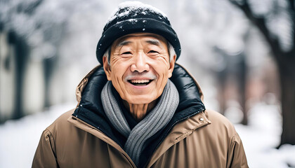 Elderly happy asian man outdoors in winter with copy space