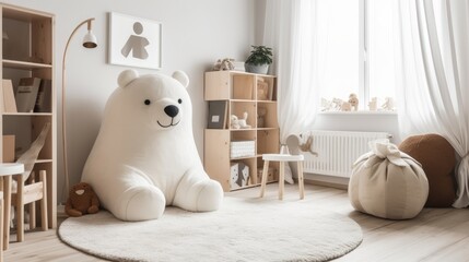 A giant stuffed animal friend cute modern kids interior AI generated illustration