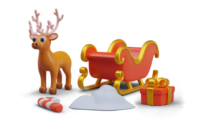 Realistic deer standing near Santa sleighs, snowdrift, red gift box and candy cane. Composition for new year promo. Vector illustration in 3d style in red colors with gold elements
