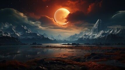 Scenery featuring an abandoned planet and cosmic backdrop with mountains. AI generate