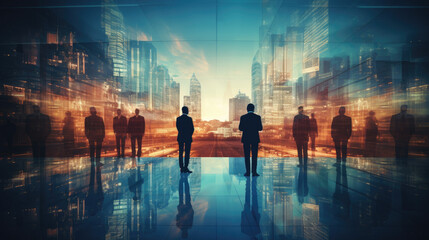 Multiple business figures over layered city visuals.