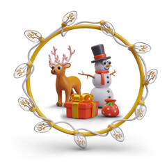 Realistic 3d decoration for holiday design placard. Garland wreath, composition with deer, snowman and gift box. Decoration with bright light bulbs. Vector illustration in 3d style