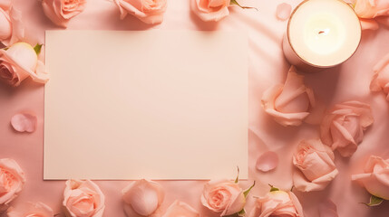 Fototapeta na wymiar Evoke romance with a vintage-inspired still life: blank paper, delicate rose, and candle. Ideal for wedding invites, this elegant mockup sets a timeless backdrop for love and emotions.