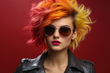 Portrait of a woman with glasses and punk colored hair.