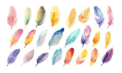 Multicolor feather watercolor hand drawn illustration set - obrazy, fototapety, plakaty