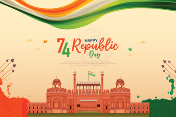 Happy republic day India wishing, greeting banner or poster with red fort background design vector illustration - obrazy, fototapety, plakaty