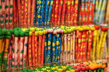 Colored pens, pencils and markers on shelves in shop. Office supplies and stationery. Colorful pens arranged on shelf. Multicolored pens in art store. Art, workshop, craft, creativity concept.