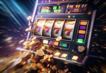 Casino slot machine closeup, spin gamble game, lucky sevens, money coins falling