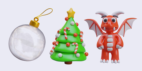 Set of 3D vector Christmas illustrations. Transparent glass ball, Christmas tree with toys and candy canes, red dragon. Color images for positive advertising concept, seasonal greeting